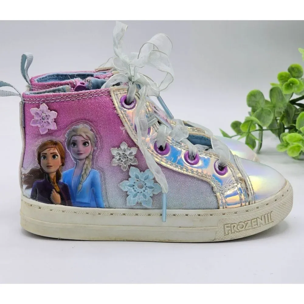 Frozen 2 High Top Sneakers Girl's 8 Multicolor Elsa Anna Disney Lace Tie Zip Sid